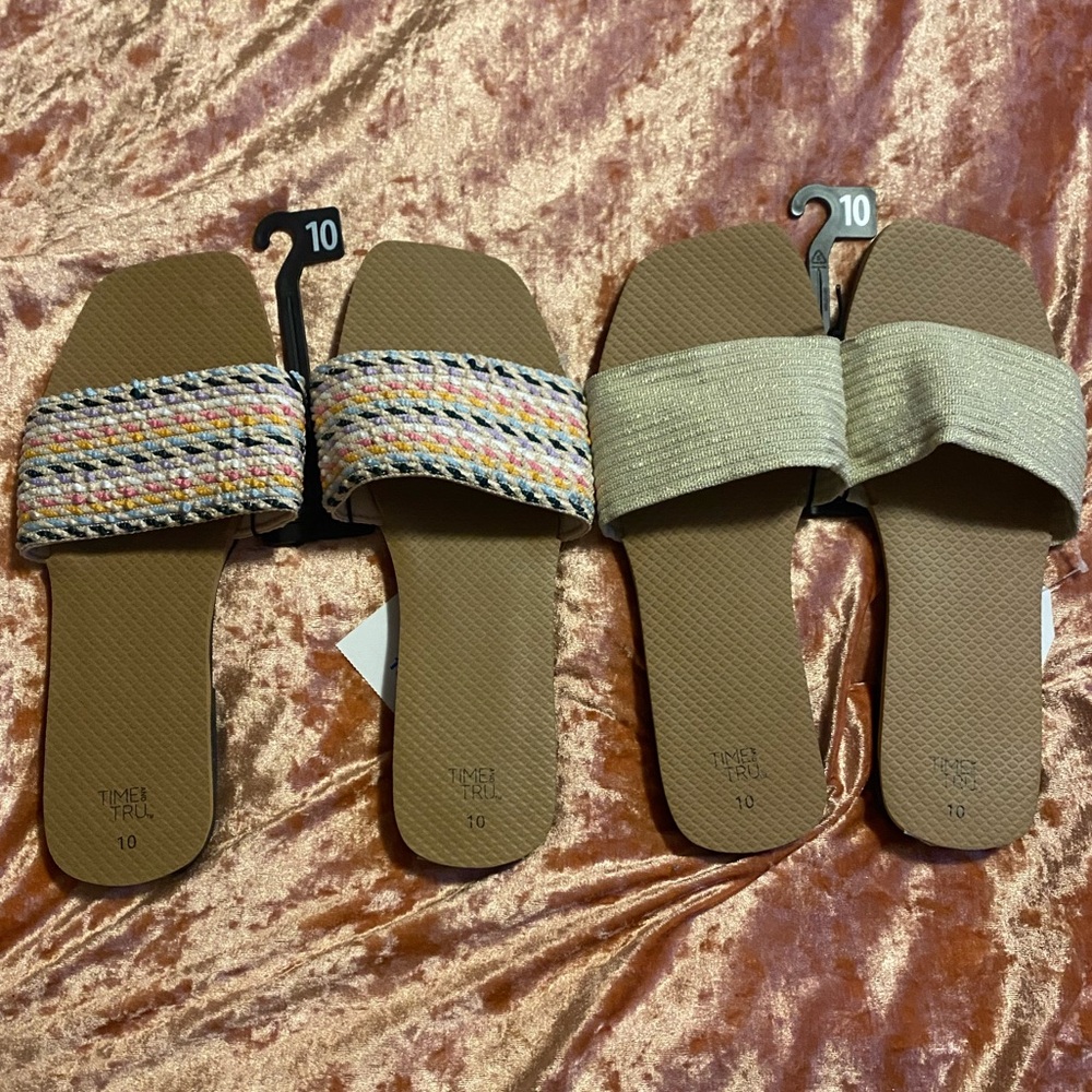 💜Bundle 2Pair Time&Tru Women's 1Multi & 1CreamW/gold Woven Slide Sandals Size10